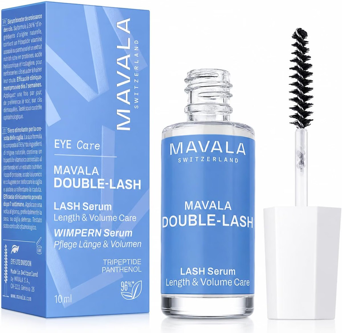 The 10 ml MAVALA Double-Lash serum bottle with its mascara-style brush beside the carton, which lists a vitamin tripeptide with panthenol and 96% natural origin ingredients.